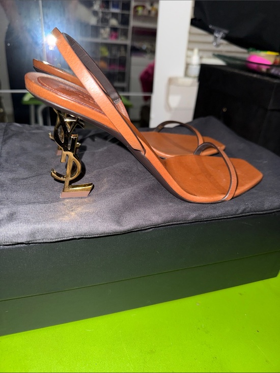 Yves Saint Laurent Shoes - Yves Saint Laurent Brown Leather Logo Stiletto Sandal with Gold Heel